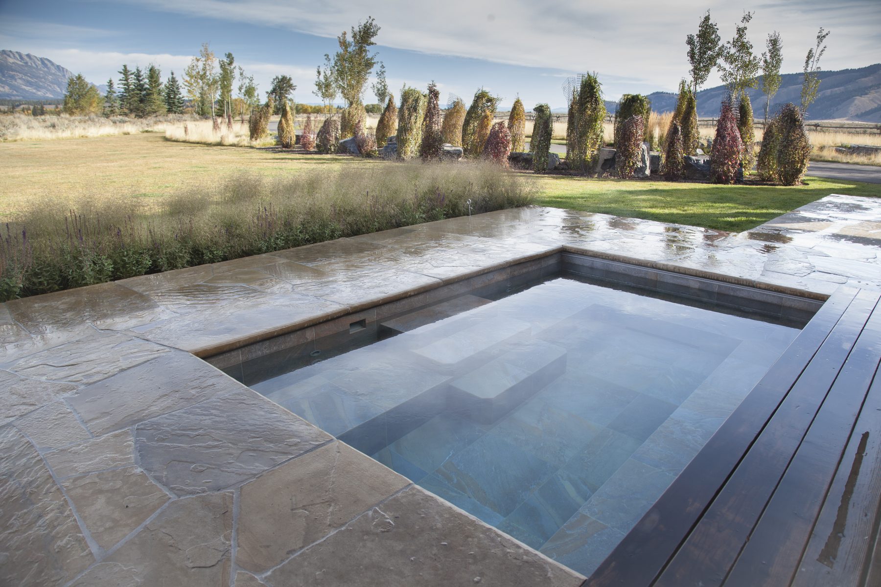 A NESPA tiled spa set into a stone deck against a mountain meadow